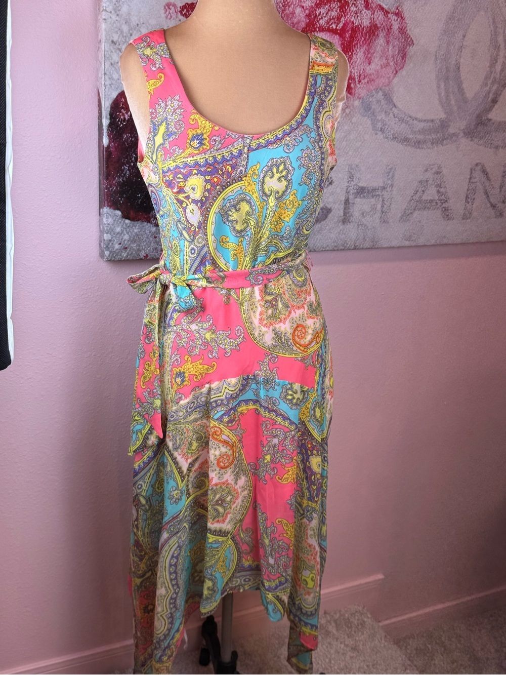 Robbie Bee Pink & Blue Paisley Asymmetrical Tie-Waist Dress
